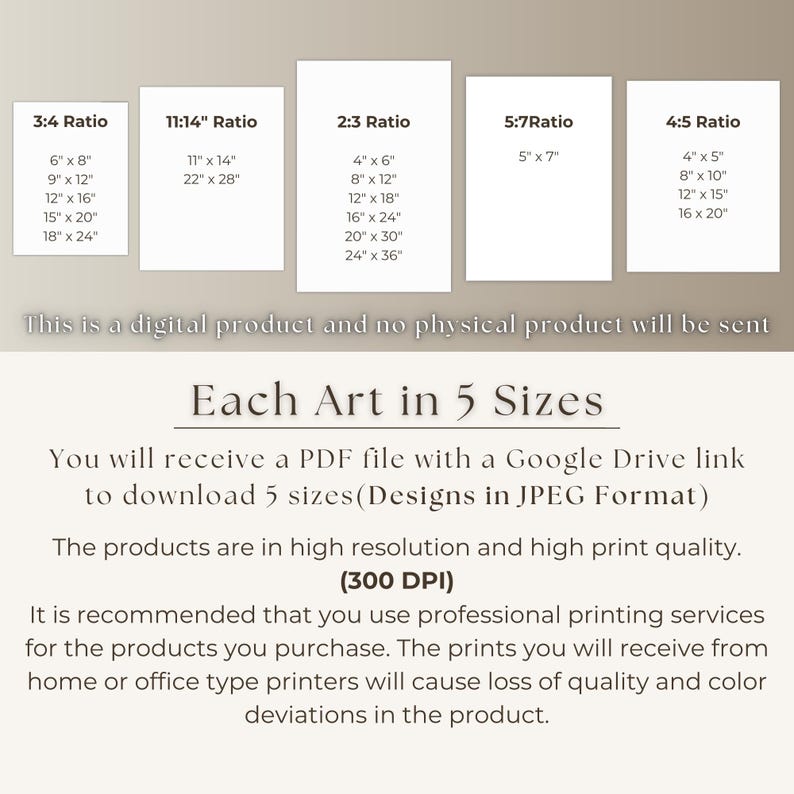 May include: Image showcasing five different aspect ratios for art prints, including 3:4, 11:14, 2:3, 5:7, and 4:5. Each ratio lists corresponding print sizes in inches. Text indicates this is a digital product with five sizes available.