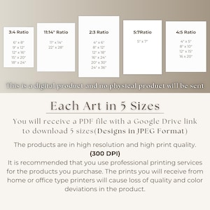 May include: Image detailing five aspect ratios for art prints: 3:4, 11:14, 2:3, 5:7, and 4:5, with sizes in inches. The text states it's a digital product, offering five sizes. Includes a recommendation for professional printing.