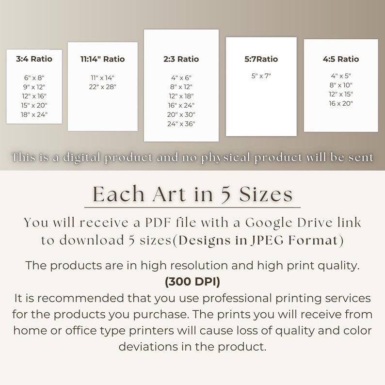 May include: Image showing art print size ratios, including 3:4, 11:14, 2:3, 5:7, and 4:5, with dimensions in inches. Text states it's a digital product, offering five sizes via PDF and a Google Drive link for download.