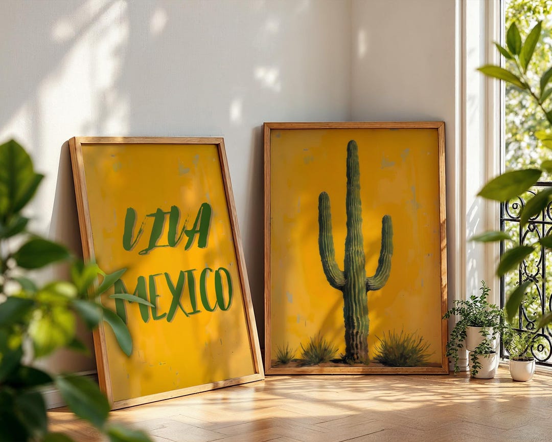 Saguaro Cactus Wall Art, Mexican Folk Art Print Set of 2, Viva Mexico ...