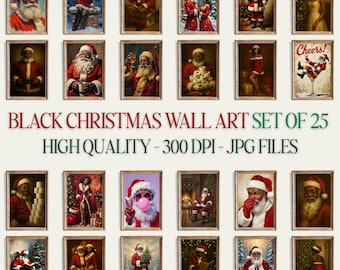 Christmas Wall Art Bundle, Black Art Collection, Black Santa Art, Black Woman Art, African American, Afrocentric Prints, Digital Download