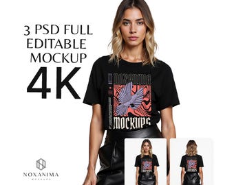 T-shirt Mockup Bella+Canvas 3001 | woman aesthetic PSD and JPG | 4k High Quality t-shirt Mockups 1 model 3 poses bundle black t-shirt mockup