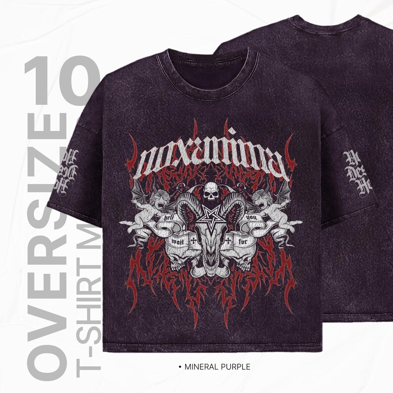May include: Oversized t-shirt in mineral purple with a graphic print of a skull with horns, surrounded by angels and the text "maxxima". The text "hell wait for you" is also printed on the shirt.
