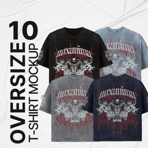 May include: Four oversized t-shirts with a graphic print of a skull with horns and angels. The shirts are in black, grey, blue, and light blue. The text on the shirts reads "maxamina" and "dead for love".