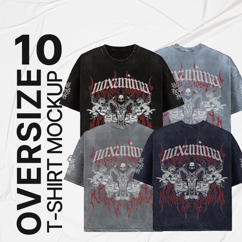 May include: Four oversized t-shirts with a graphic print of a skull with horns and angels. The shirts are in black, grey, blue, and light blue. The text on the shirts reads "maxamina" and "dead for love".