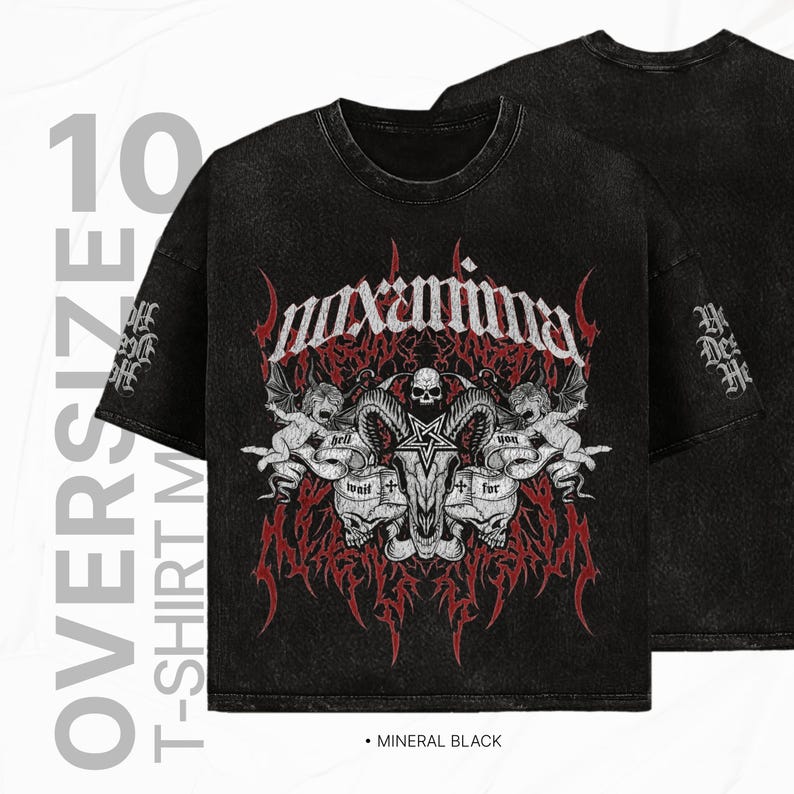 May include: Black oversized t-shirt with a red and white graphic print of a skull with horns and wings. The graphic includes the text "maxima" and "hell wait for you".