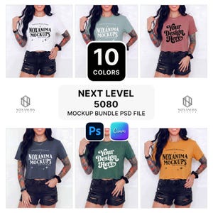以下が含まれることがあります： 10色のクロップトップのモックアップバンドル。トップスには「NOXANIMA MOCKUPS」や「Your Design Here」などのデザインが施されています。画像には「NEXT LEVEL 5080 MOCKUP BUNDLE PSD FILE」という文字も表示されています。