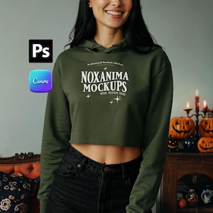 Halloween Cropped Hoodie Mockup: Bella Canvas 7502, Military Green (PSD File)