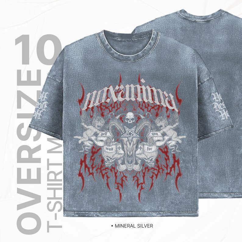 May include: Oversized blue denim t-shirt with a red and white graphic print of a skull with horns and the word "maxamina" above it. The shirt has a distressed look and the text "hell wait for you" is printed on the graphic.