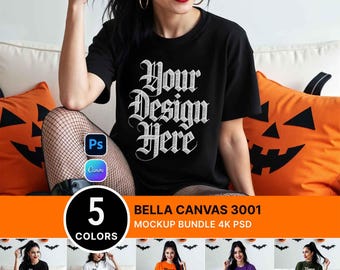 Pacote de Mockups de Halloween Bella Canvas 3001 | 5 Cores PSD JPG | Preto Branco Roxo Royal Laranja Verde Militar |