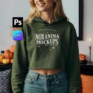 Bella Canvas 7502 Military Green Crop Hoodie Mockup: Halloween Spooky PSD (Digital Download)