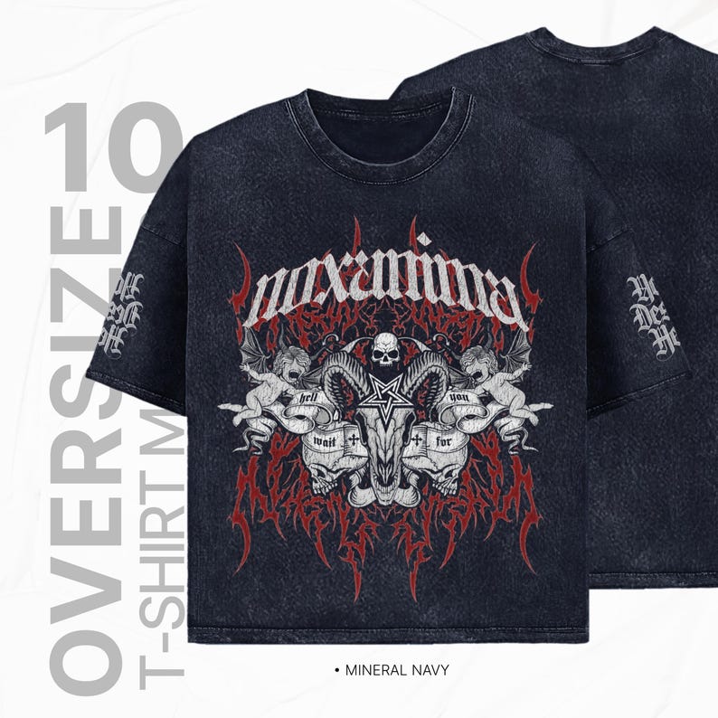May include: Oversized black t-shirt with a graphic print of a skull with horns, angels, and the text "maxxima" in red and white. The shirt has a distressed look and the text "Hell wait for you" is printed on the bottom.