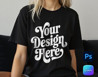 Black t-shirt mockup, Blond girl wearing a black regular fit t-shirt mockup, Editable in psd e canva