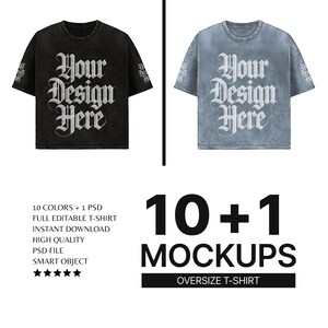 May include: Mockup of a black and a blue oversized t-shirt with the text "Your Design Here" printed on the front. The t-shirts have a distressed, vintage look. 10+1 Mockups. Oversize T-Shirt.