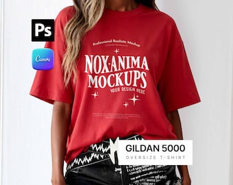 Gildan 5000 Red T-Shirt Mockup, Female model wearing oversize t-shirt, cozy, boho, editable background mockup B1
