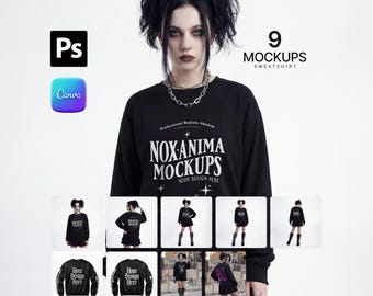 Black Sweatshirt Mockup Bundle: Alternative goth girl pack | 9 PSD | Editable background
