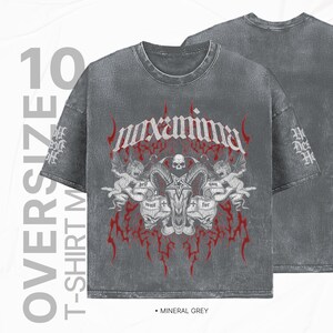 May include: Oversized grey t-shirt with a graphic print of a skull with horns, two angels, and the word "maxima" in a gothic font. The shirt has a distressed look and the text "hell wait for you" is printed on the graphic.