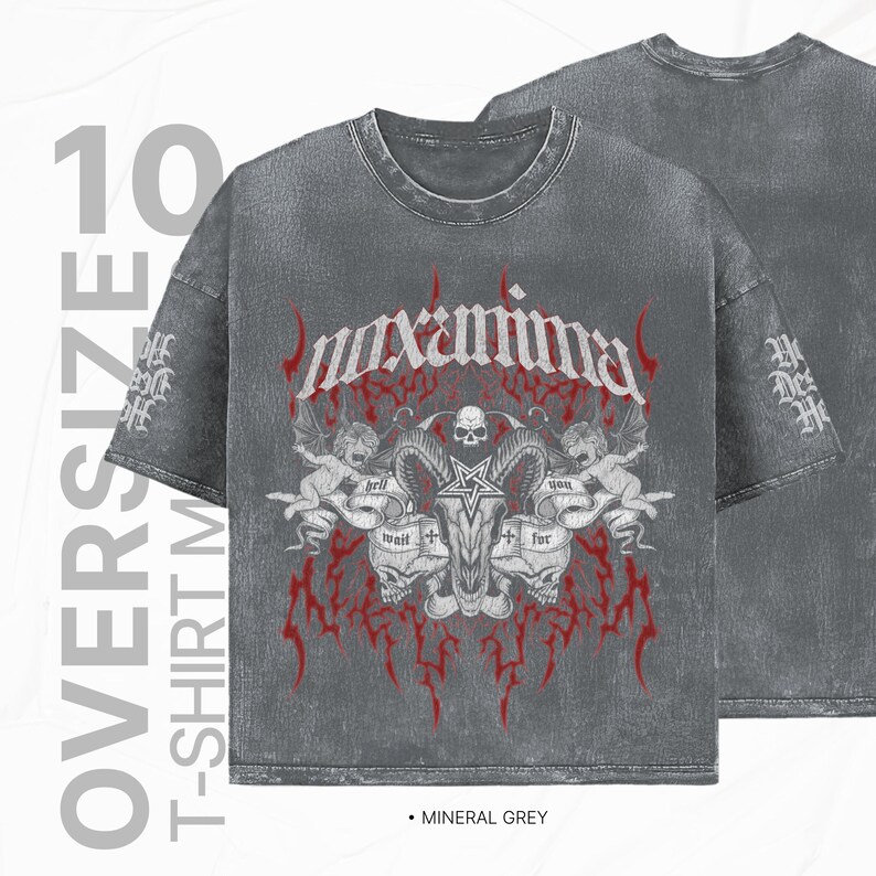 May include: Oversized grey t-shirt with a graphic print of a skull with horns, two angels, and the word "maxima" in a gothic font. The shirt has a distressed look and the text "hell wait for you" is printed on the graphic.