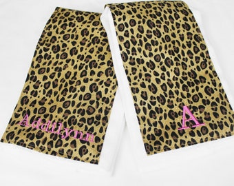 Personalized Cheetah Burp Cloths - Set of 2 - you pick name or inital and colors