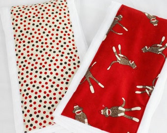 Red Sock Monkey and Polka Dots Burp Cloths - Set of 2