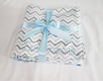 Custom Embroidered Grey Chevron and Light Blue Flannel Baby Blanket - can be purple, pink, aqua or turquoise