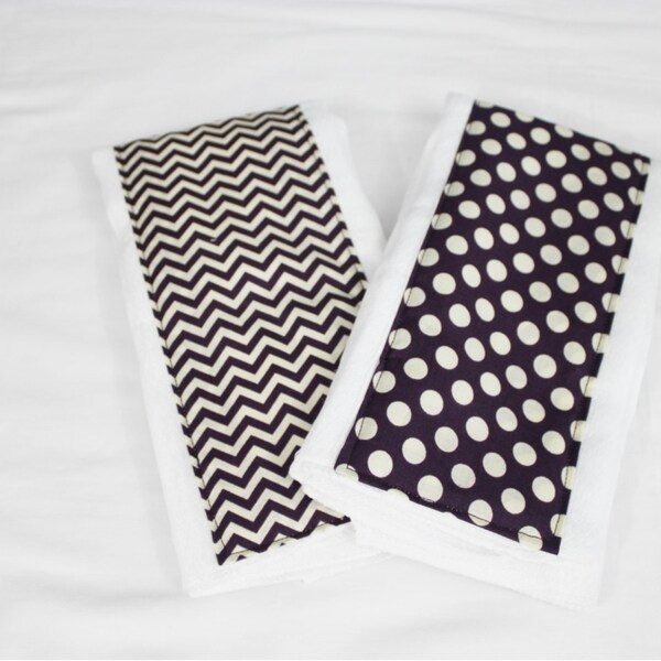 Dark Purple and Cream Chevron and Polka Dots Burp Cloths - Set of 2