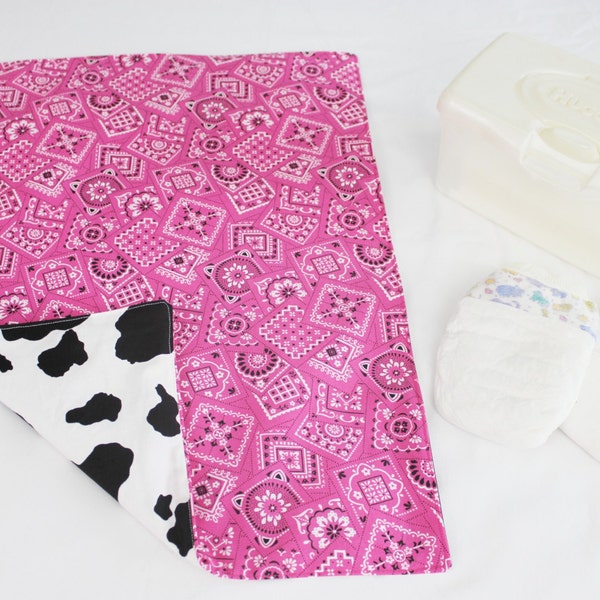 Reversible Hot Pink Bandanna and Cow Waterproof Changing Pad - 4 sizes available - ready to ship