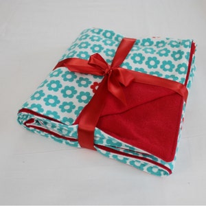 Reversible Aqua & Red Flowers Flannel Baby Blanket - double thickness blanket - ready to ship
