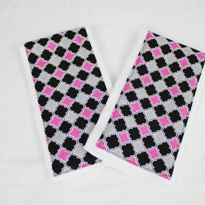 Hot Pink, Black and Grey Lattice Burp Cloths Set of 2 image 1