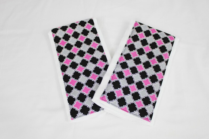 Hot Pink, Black and Grey Lattice Burp Cloths Set of 2 image 1