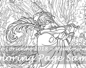 May include: A black and white line drawing of a woman playing a violin in a forest setting. She is wearing a long flowing dress and has long hair. There are butterflies and trees in the background. The text "Coloring Page Sample" is at the bottom of the image.