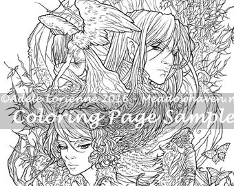 May include: Black and white line art illustration of two people with wings, surrounded by flowers and butterflies. The text "Coloring Page Sample" is at the bottom of the image.