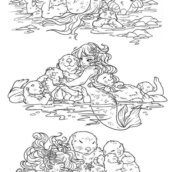 NEW- 3-Pack Mermaid Babies and Sea Otters: A Meadowhaven Fantasy Coloring Page Download Bundle