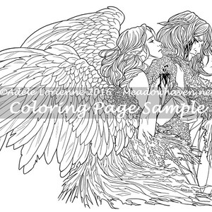 Peut inclure: Une illustration en noir et blanc de deux personnages qui s'embrassent. L'un a des ailes et l'autre est recouvert de vignes. Le texte "Meadowhaven.net Coloring Page Sample" est en bas de l'image.