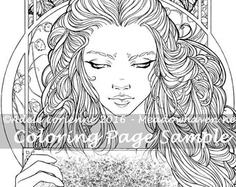 May include: A black and white line art coloring page featuring a woman with long flowing hair holding a framed image of a forest. The text "Adele Lorenz 2016 - Meadowhaven.net Coloring Page Sample" is at the bottom of the image.