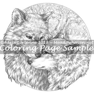 A Meadowhaven Fantasy Grayscale Coloring Page Download: "Wolf Cuddle"