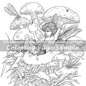 Puede incluir: Un dibujo en blanco y negro de una hada sentada en un hongo con una cereza en la mano. El hada tiene alas y está rodeada de hongos. El texto "Adele Lorienne 2016 - Meadowhaven.net Coloring Page Sample" está en la parte inferior de la imagen.