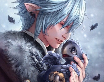 FFXIV "A Hero's Companion" art print Haurchefant Greystone with chocobo chick