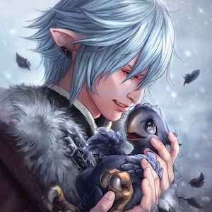 FFXIV "A Hero's Companion" art print Haurchefant Greystone with chocobo chick