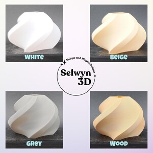 Puede incluir: Colecci&oacute;n de jarrones decorativos impresos en 3D en blanco, beige, gris y madera. Cada jarr&oacute;n presenta un dise&ntilde;o &uacute;nico y ondulado. La imagen incluye los textos "WHITE", "BEIGE", "GREY" y "WOOD", junto con el logotipo "Selwyn 3D".