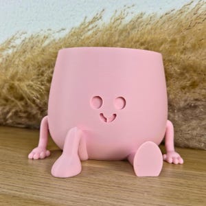 May include: A light pink planter with a smooth matte finish, featuring a rounded body, two small arms with visible fingers, and two legs with feet. The front of the planter displays a simple carved face with two circular eyes and a small mouth.