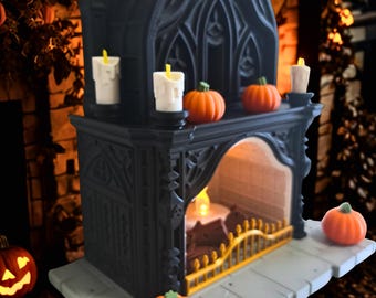 May include: A black miniature fireplace with a gothic design, adorned with orange pumpkins and white candles. The fireplace has a gray base and a golden interior. The image includes the text "Unique and Playful Designs" and "Selwyn 3D".