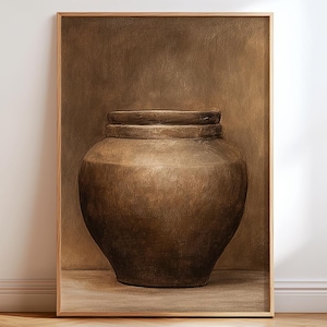 Rustic Vintage Clay Pot Printable, Textured Still Life Painting, Warm Sepia-Toned Wall Art, Minimalist Boho Home Decor, Digital Download
