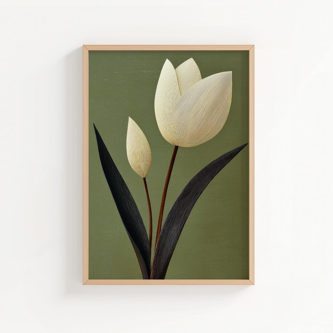 Minimalist White Tulip Print, Green Botanical Wall Art, Modern Floral ...
