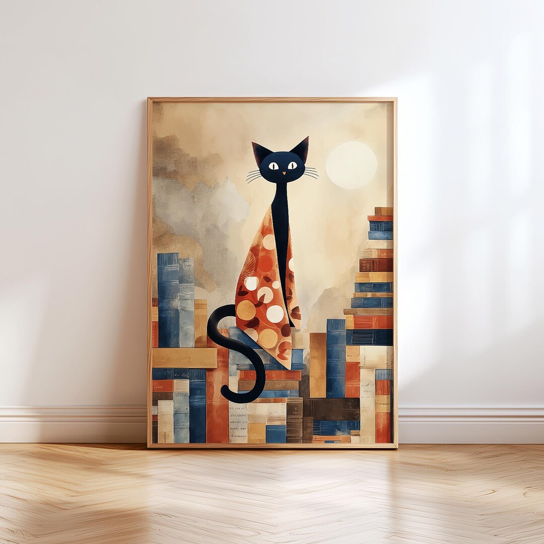 Mid Century Modern Cat Wall Art Print, Abstract Whimsical Black Cat ...
