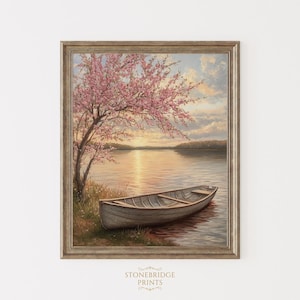 Vintage Row Boat on Spring Lake - Romantic Cottage Coastal Wall Art, Printable Sunset Painting, Moody Landscape, Digital Decor Print 18
