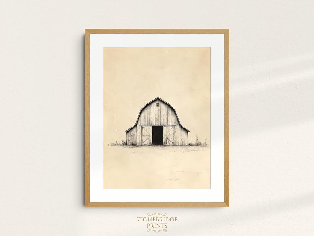 Rustic Barn Line Drawing Print - Minimalist Farmhouse Wall Art, Simple ...