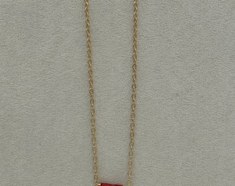 Single Red Coral Pendant Necklace with Yellow Gold Fill Chian