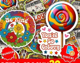 Retro Groovy Hippie Sticker Pack PNG | Vintage 70s Aesthetic Stickers for Planners, Scrapbooking, Journals & Digital Crafts
