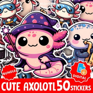 Pacchetto di adesivi kawaii con simpatici Axolotl e animali / 50 clipart PNG Chibi, adesivi Chibi con adorabili animali, download di PNG digitali, pacchetto di clipart carini